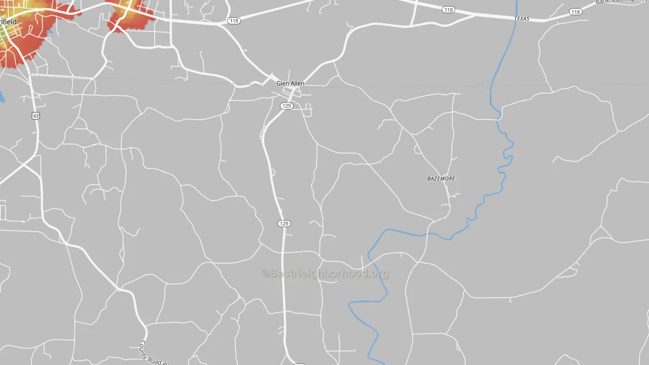Walk Grade map of Glen Allen, AL, walkable areas in green and car-dependent areas in red