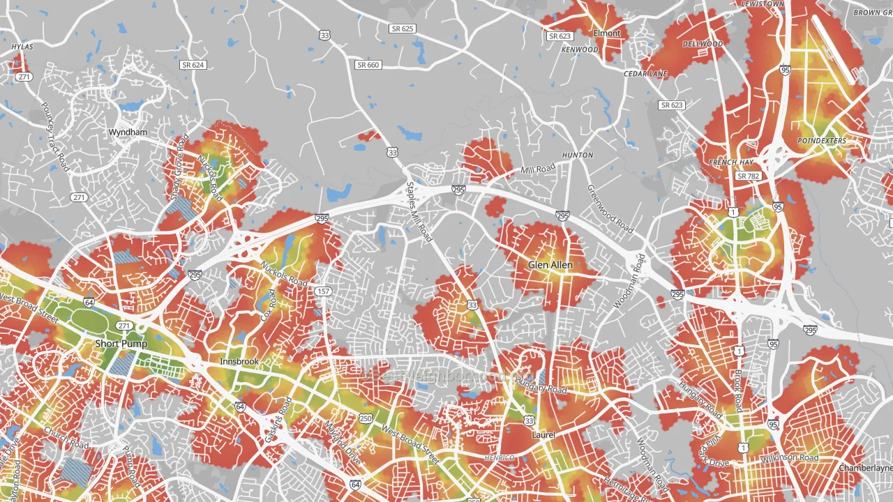 Walk Grade map of Glen Allen, VA, walkable areas in green and car-dependent areas in red