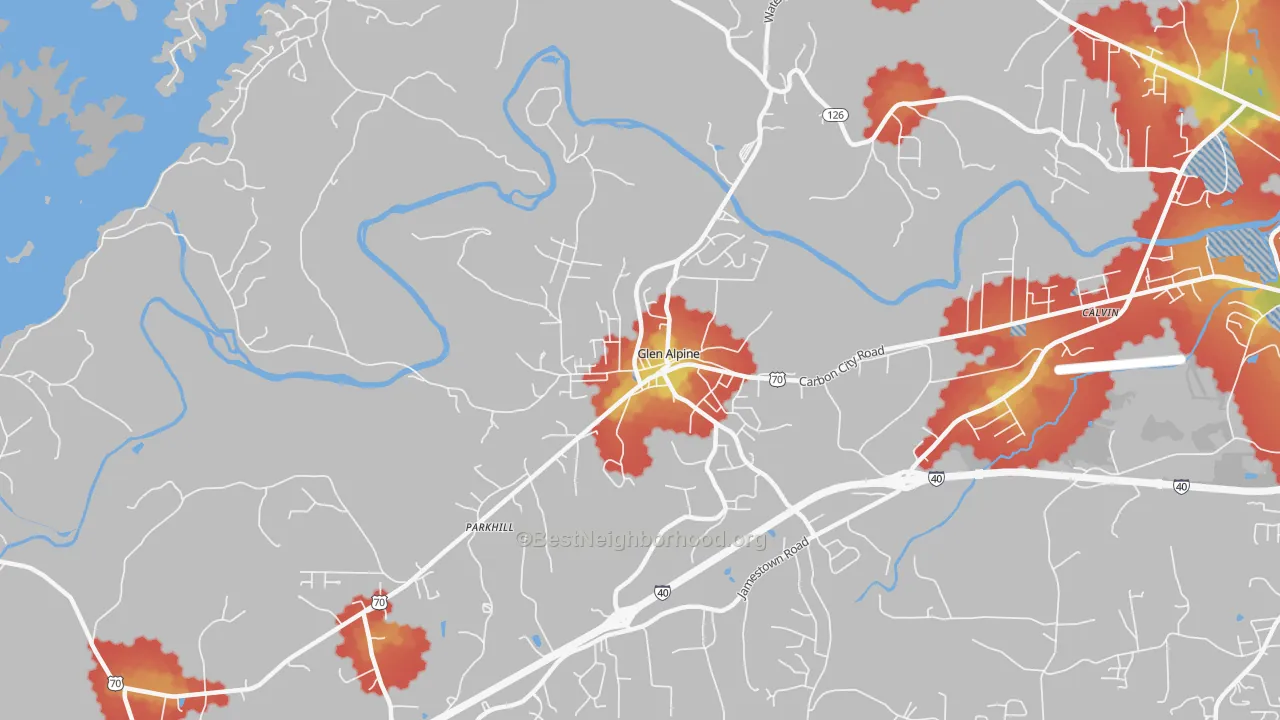 Walk Grade map of Glen Alpine, NC, walkable areas in green and car-dependent areas in red