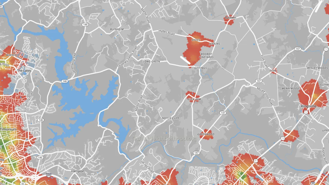 Walk Grade map of Glen Arm, MD, walkable areas in green and car-dependent areas in red