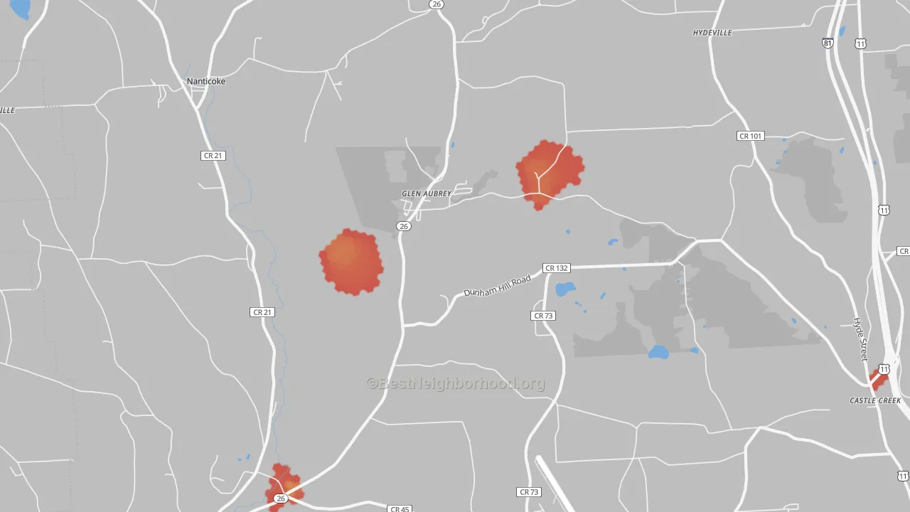 Walk Grade map of Glen Aubrey, NY, walkable areas in green and car-dependent areas in red