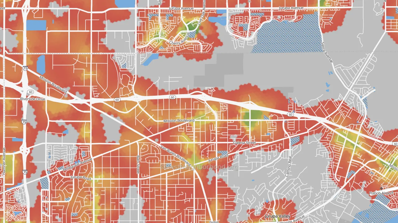 Walk Grade map of Glen Avon, CA, walkable areas in green and car-dependent areas in red