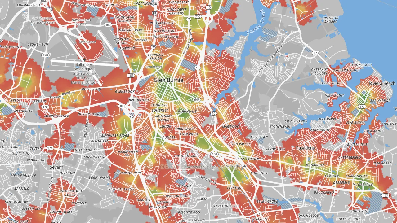 Walk Grade map of Glen Burnie, MD, walkable areas in green and car-dependent areas in red