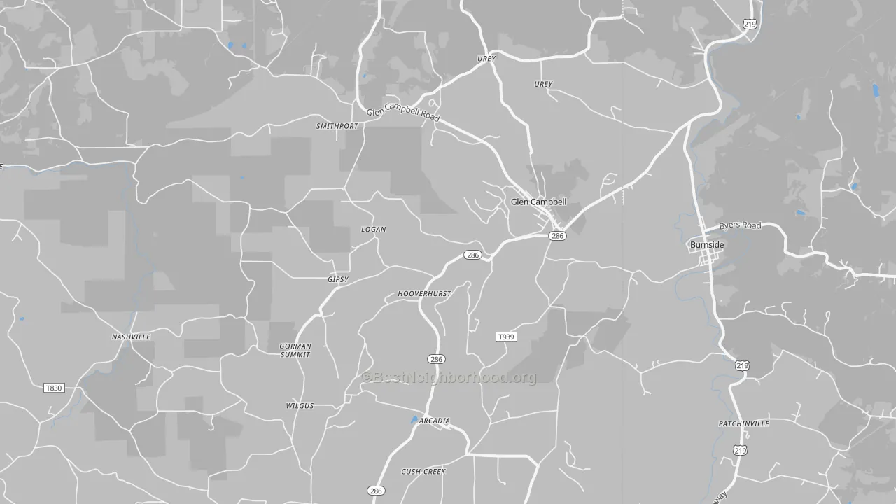 Walk Grade map of Glen Campbell, PA, walkable areas in green and car-dependent areas in red