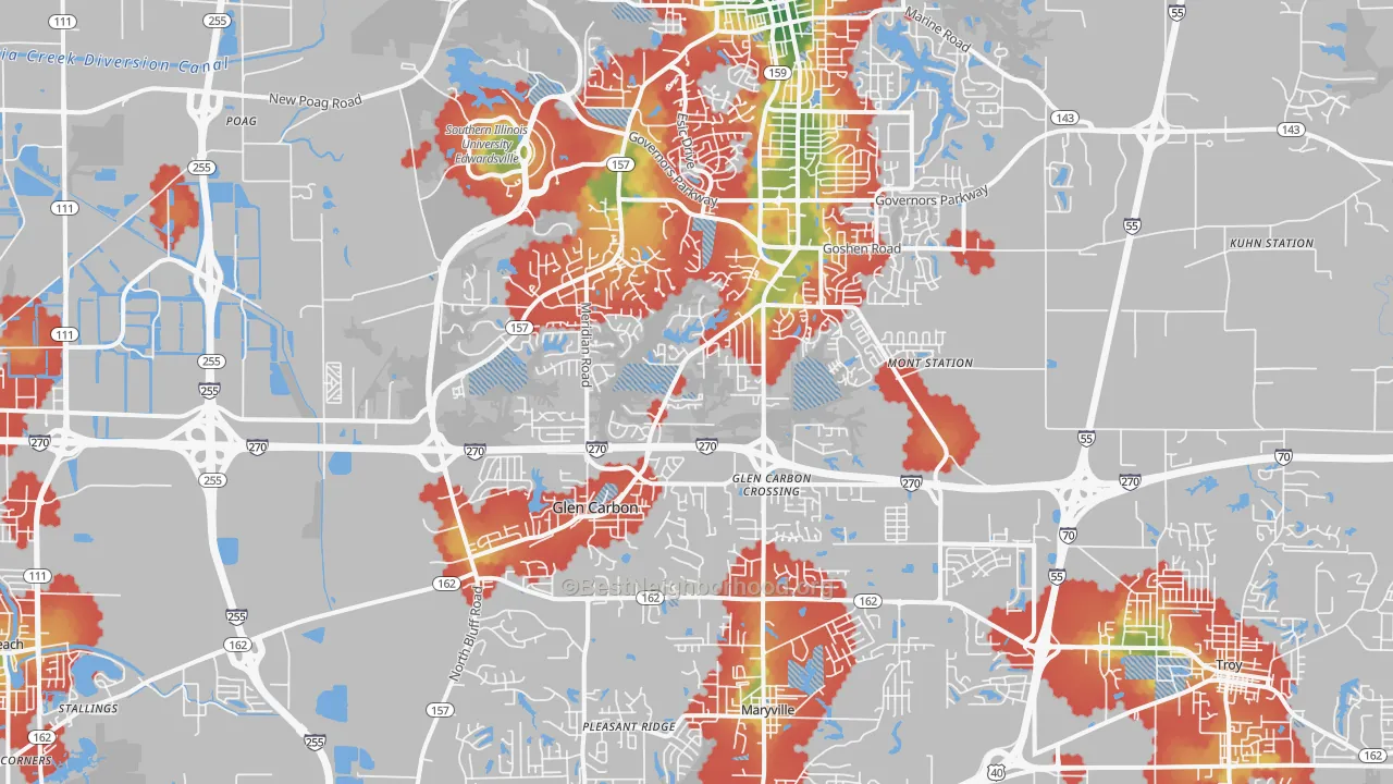 Walk Grade map of Glen Carbon, IL, walkable areas in green and car-dependent areas in red