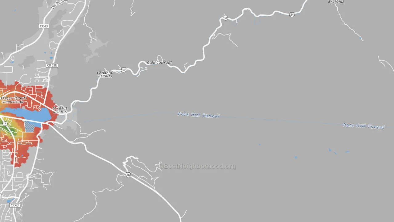 Walk Grade map of Glen Comfort, CO, walkable areas in green and car-dependent areas in red