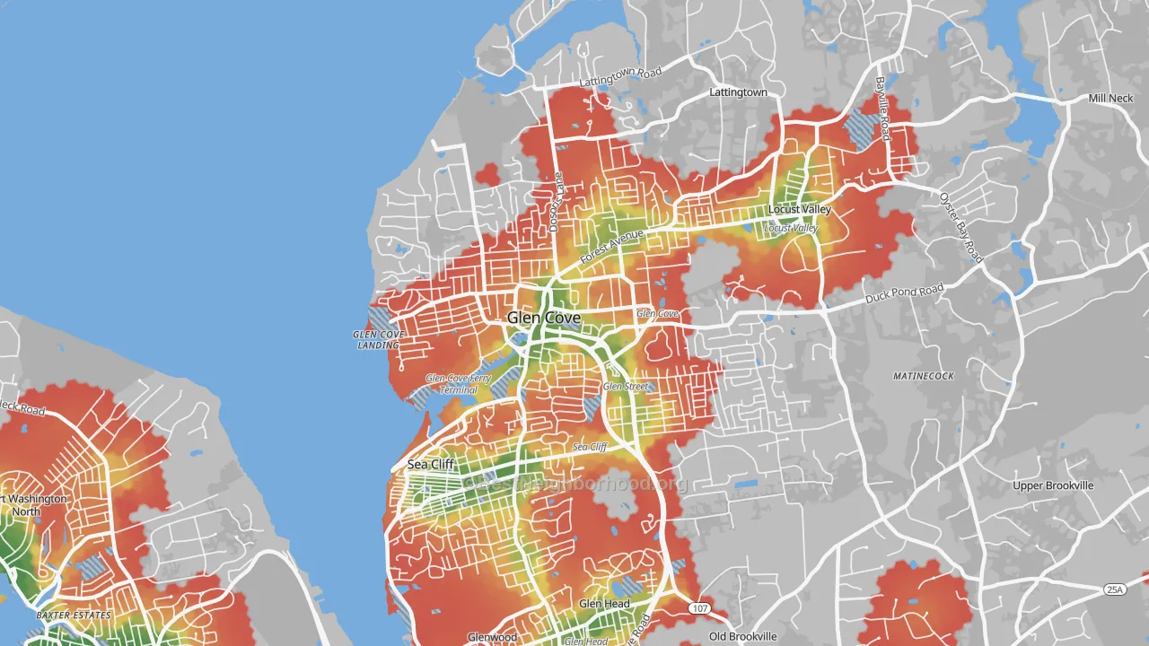 Walk Grade map of Glen Cove, NY, walkable areas in green and car-dependent areas in red