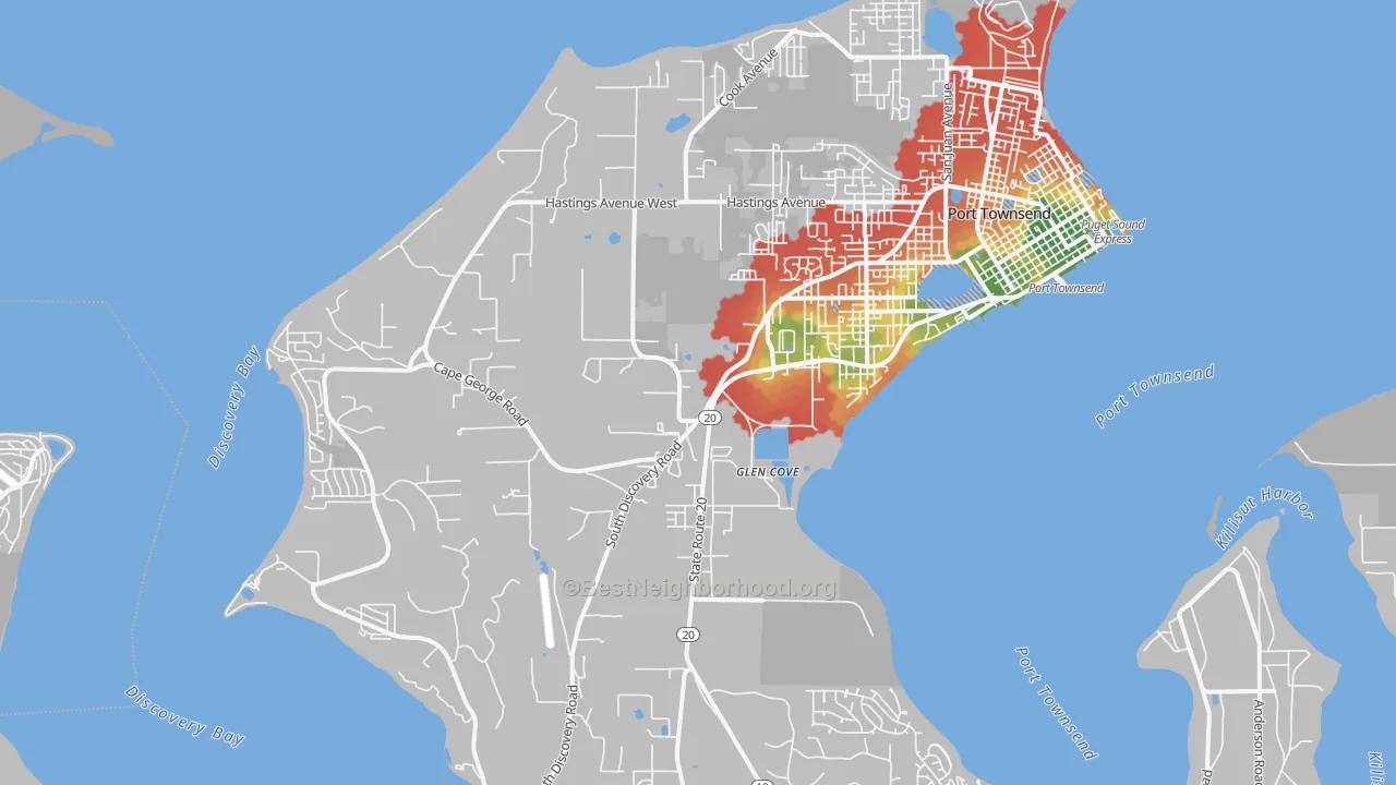Walk Grade map of Glen Cove, WA, walkable areas in green and car-dependent areas in red