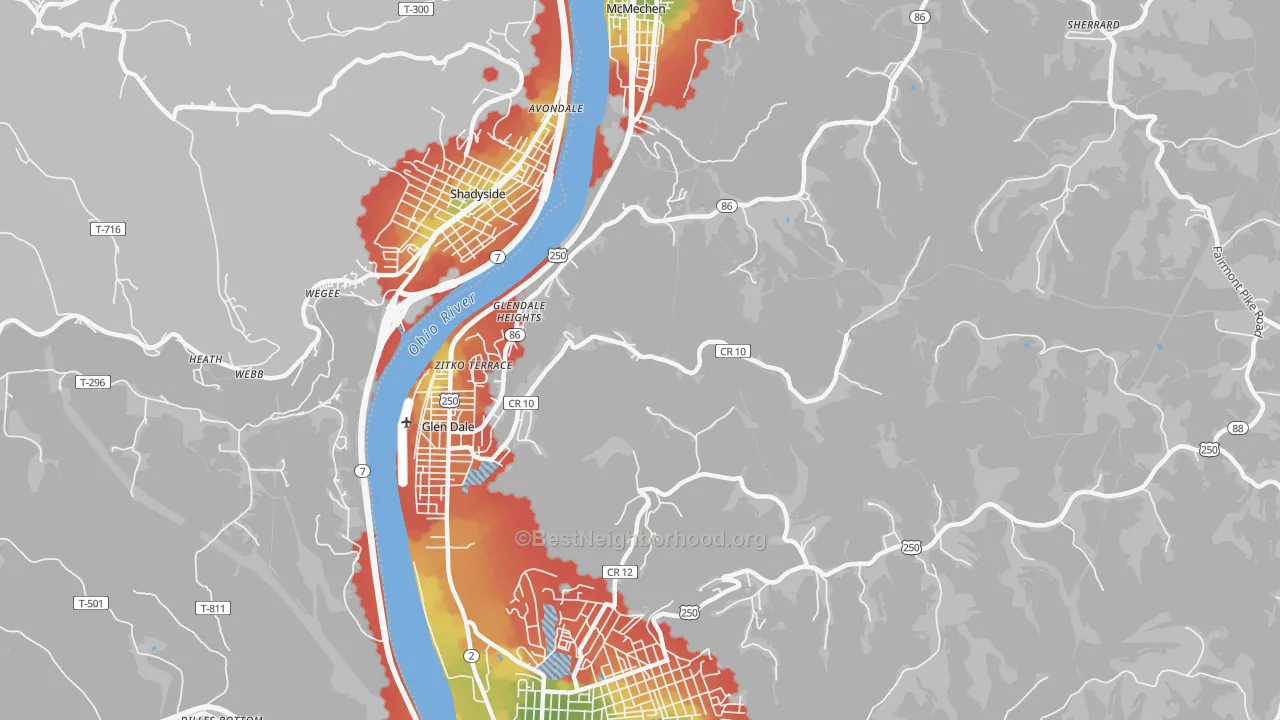 Walk Grade map of Glen Dale, WV, walkable areas in green and car-dependent areas in red