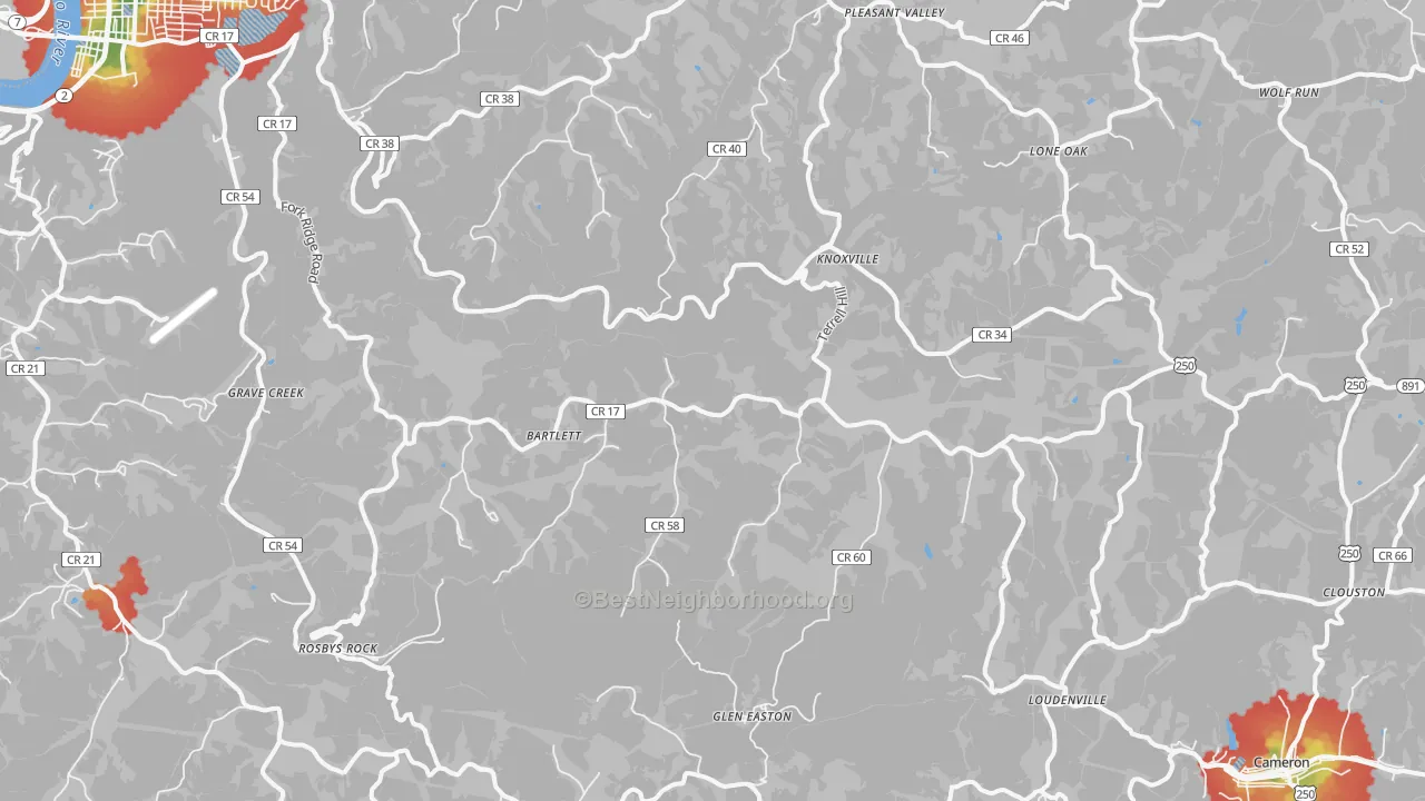 Walk Grade map of Glen Easton, WV, walkable areas in green and car-dependent areas in red