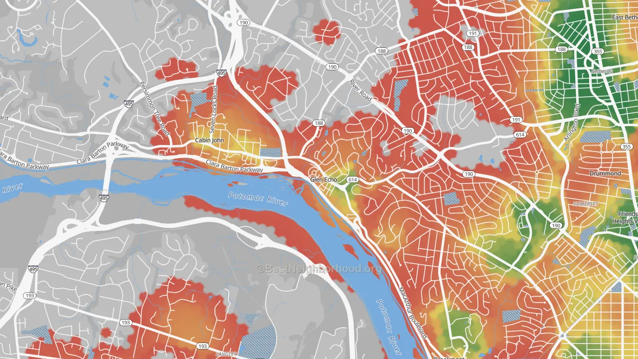 Walk Grade map of Glen Echo, MD, walkable areas in green and car-dependent areas in red