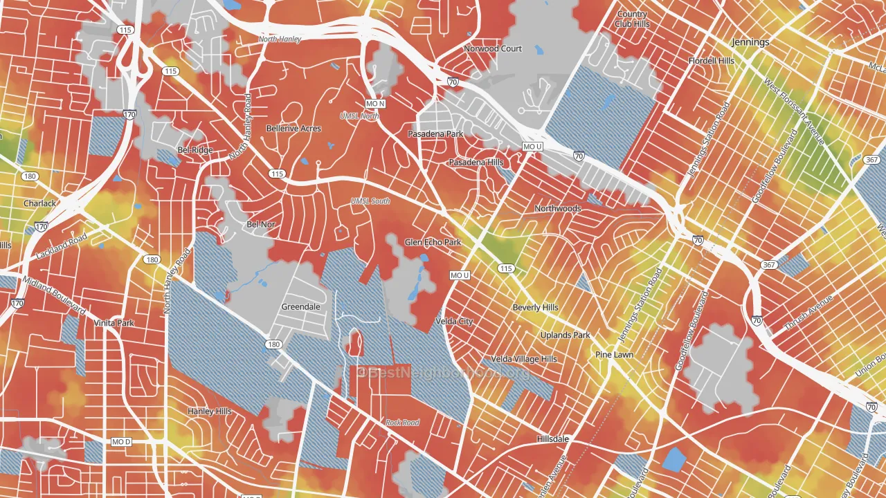 Walk Grade map of Glen Echo Park, MO, walkable areas in green and car-dependent areas in red