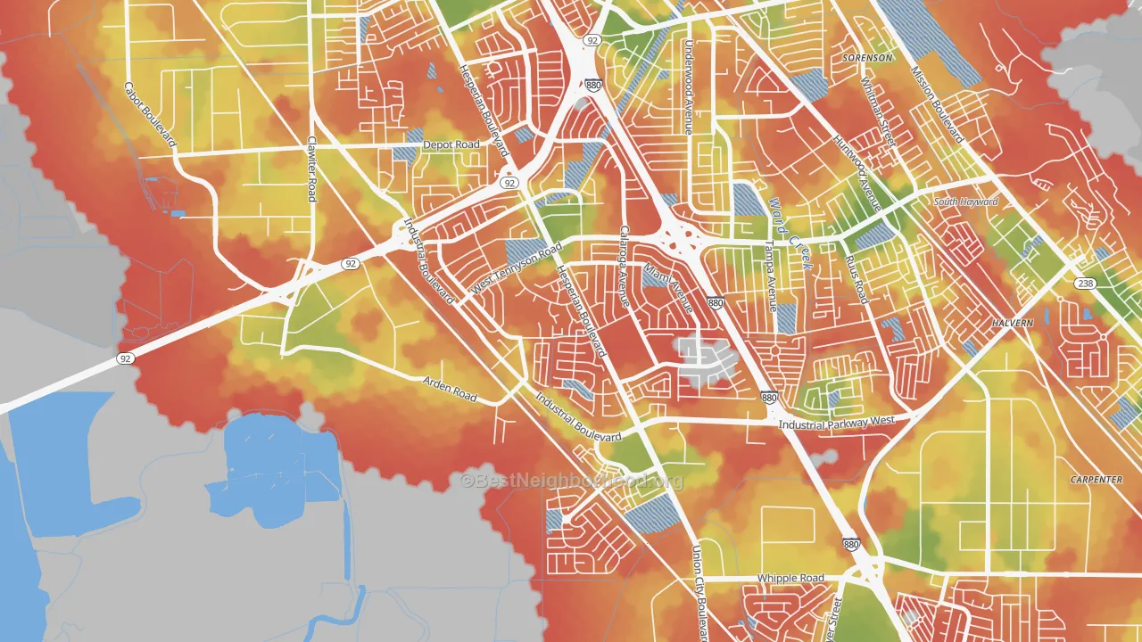 Walk Grade map of Glen Eden, Hayward, CA, walkable areas in green and car-dependent areas in red