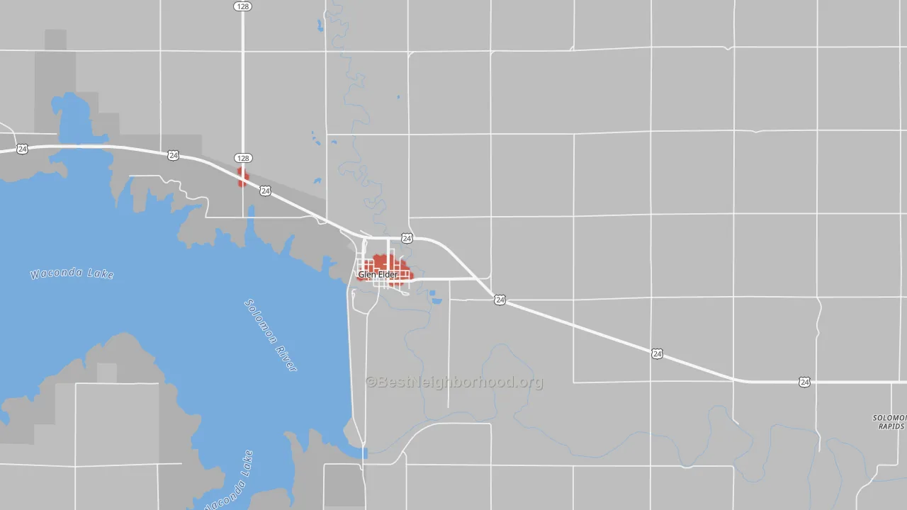 Walk Grade map of Glen Elder, KS, walkable areas in green and car-dependent areas in red
