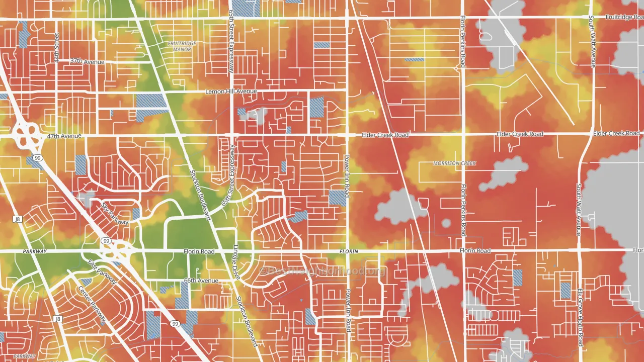 Walk Grade map of Glen Elder, Sacramento, CA, walkable areas in green and car-dependent areas in red