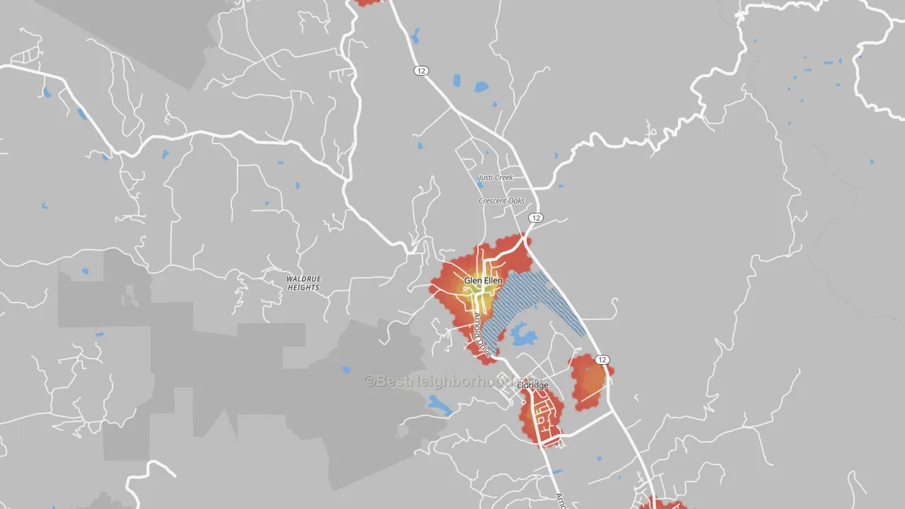 Walk Grade map of Glen Ellen, CA, walkable areas in green and car-dependent areas in red