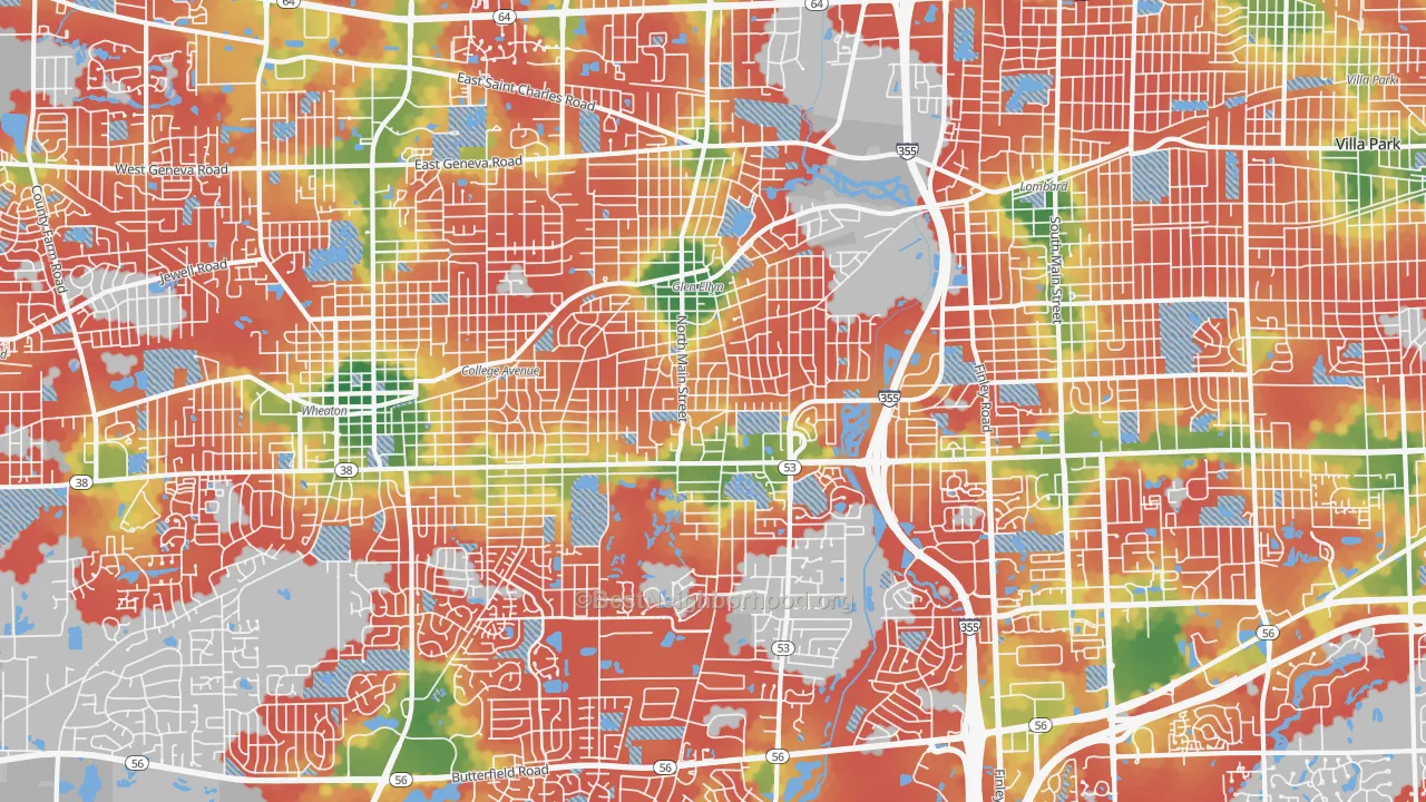 Walk Grade map of Glen Ellyn, IL, walkable areas in green and car-dependent areas in red