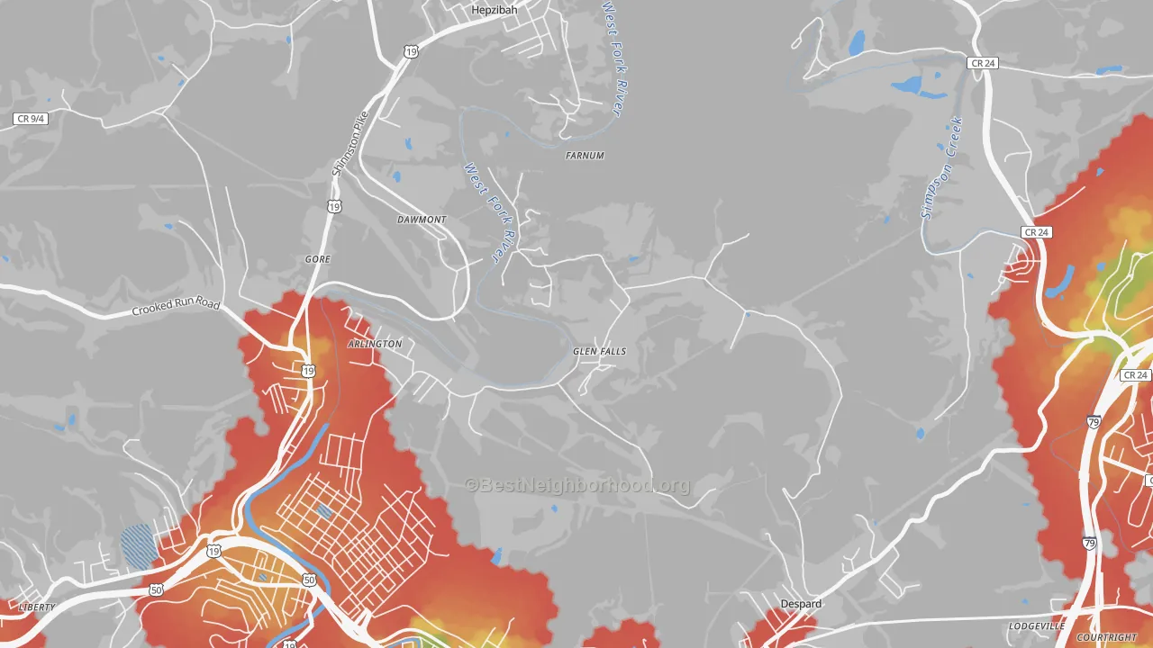 Walk Grade map of Glen Falls, WV, walkable areas in green and car-dependent areas in red