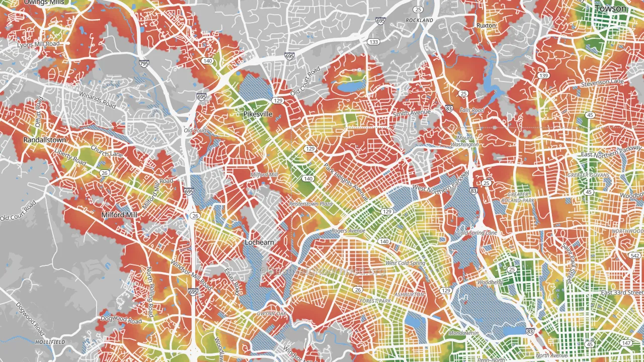 Walk Grade map of Glen-Fallstaff, Baltimore, MD, walkable areas in green and car-dependent areas in red