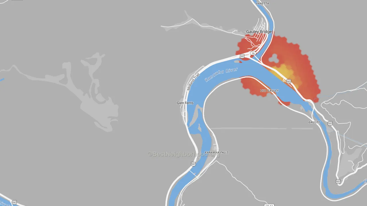Walk Grade map of Glen Ferris, WV, walkable areas in green and car-dependent areas in red