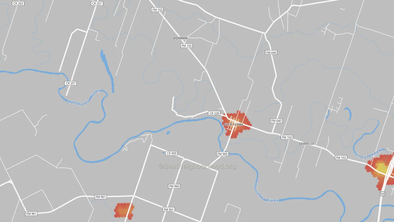 Walk Grade map of Glen Flora, TX, walkable areas in green and car-dependent areas in red