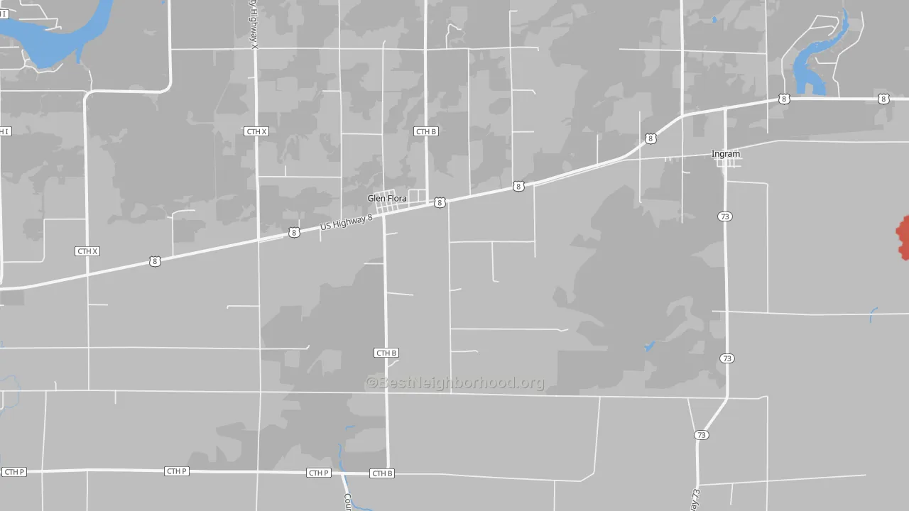 Walk Grade map of Glen Flora, WI, walkable areas in green and car-dependent areas in red