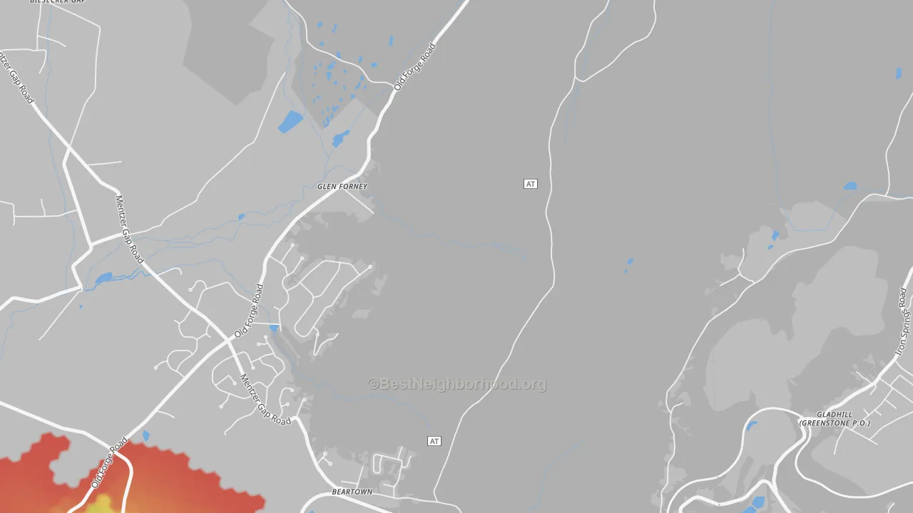 Walk Grade map of Glen Forney, PA, walkable areas in green and car-dependent areas in red