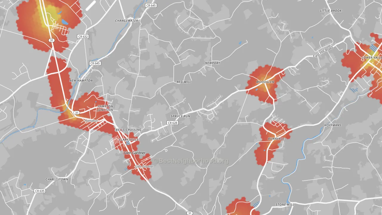 Walk Grade map of Glen Gardner, NJ, walkable areas in green and car-dependent areas in red
