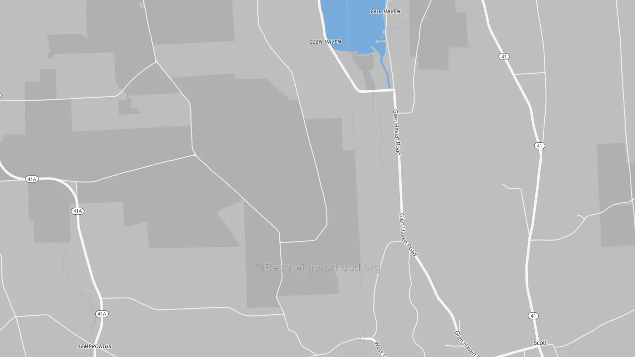 Walk Grade map of Glen Haven, NY, walkable areas in green and car-dependent areas in red