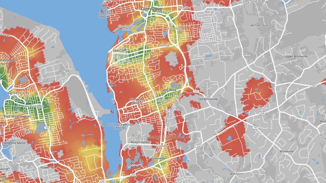Walk Grade map of Glen Head, NY, walkable areas in green and car-dependent areas in red