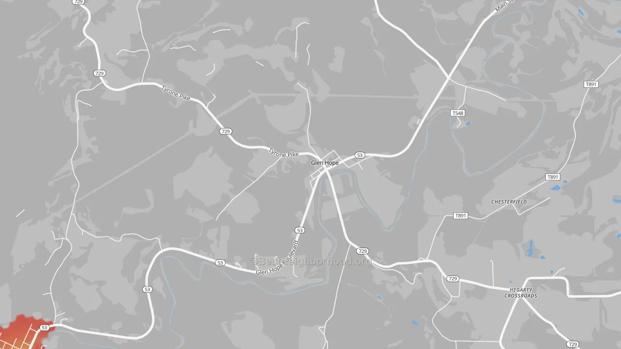 Walk Grade map of Glen Hope, PA, walkable areas in green and car-dependent areas in red
