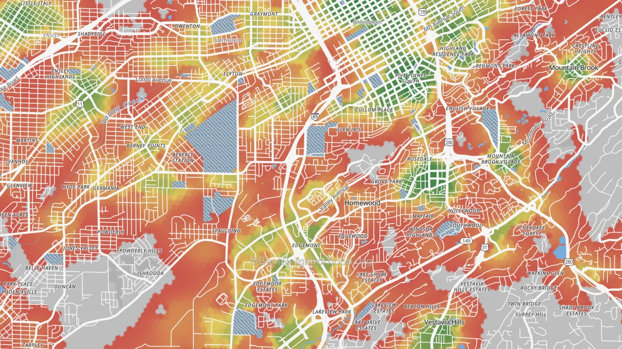 Walk Grade map of Glen Iris, Birmingham, AL, walkable areas in green and car-dependent areas in red