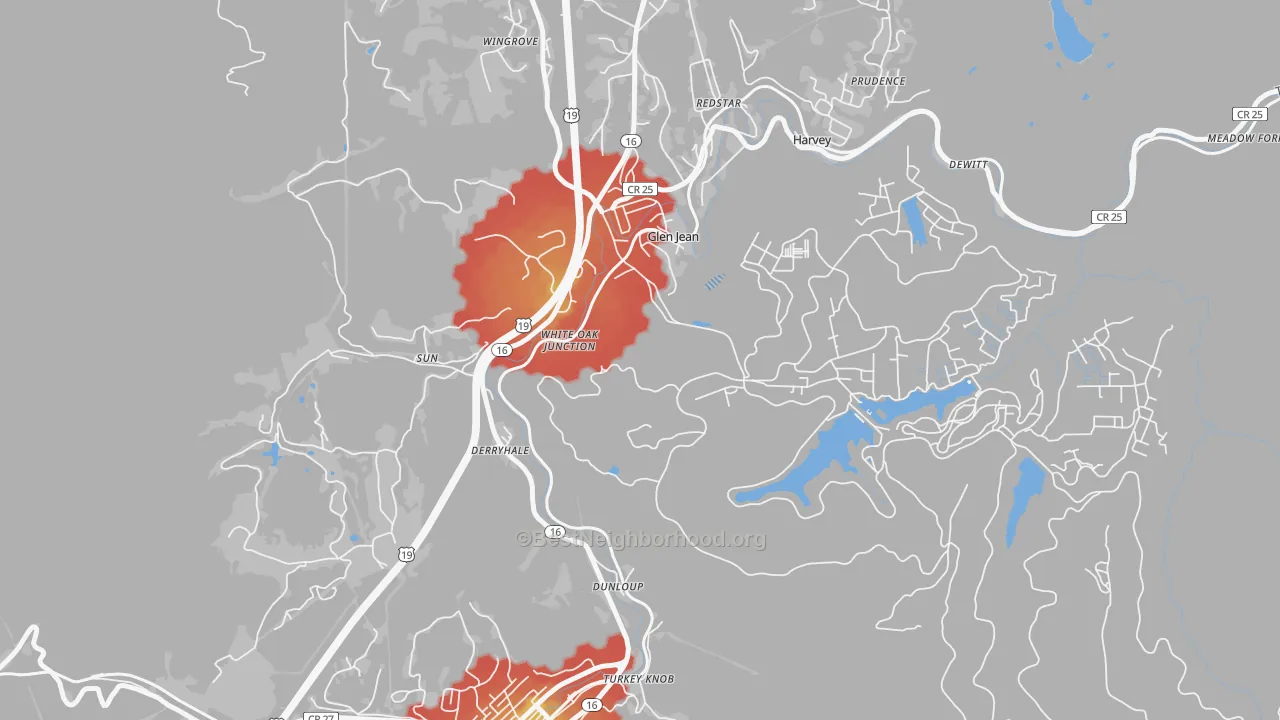Walk Grade map of Glen Jean, WV, walkable areas in green and car-dependent areas in red