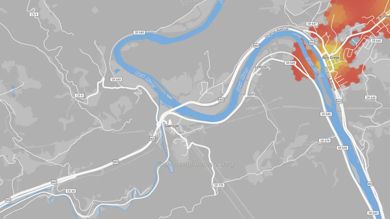 Walk Grade map of Glen Lyn, VA, walkable areas in green and car-dependent areas in red