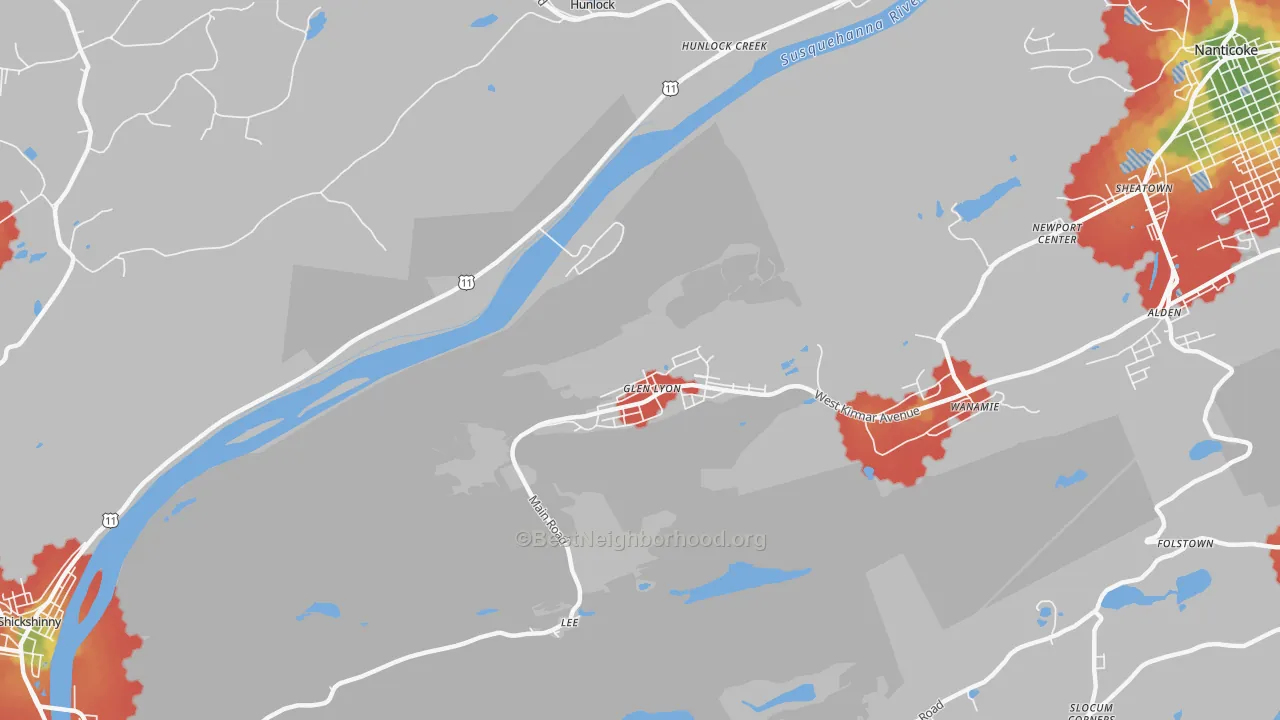Walk Grade map of Glen Lyon, PA, walkable areas in green and car-dependent areas in red