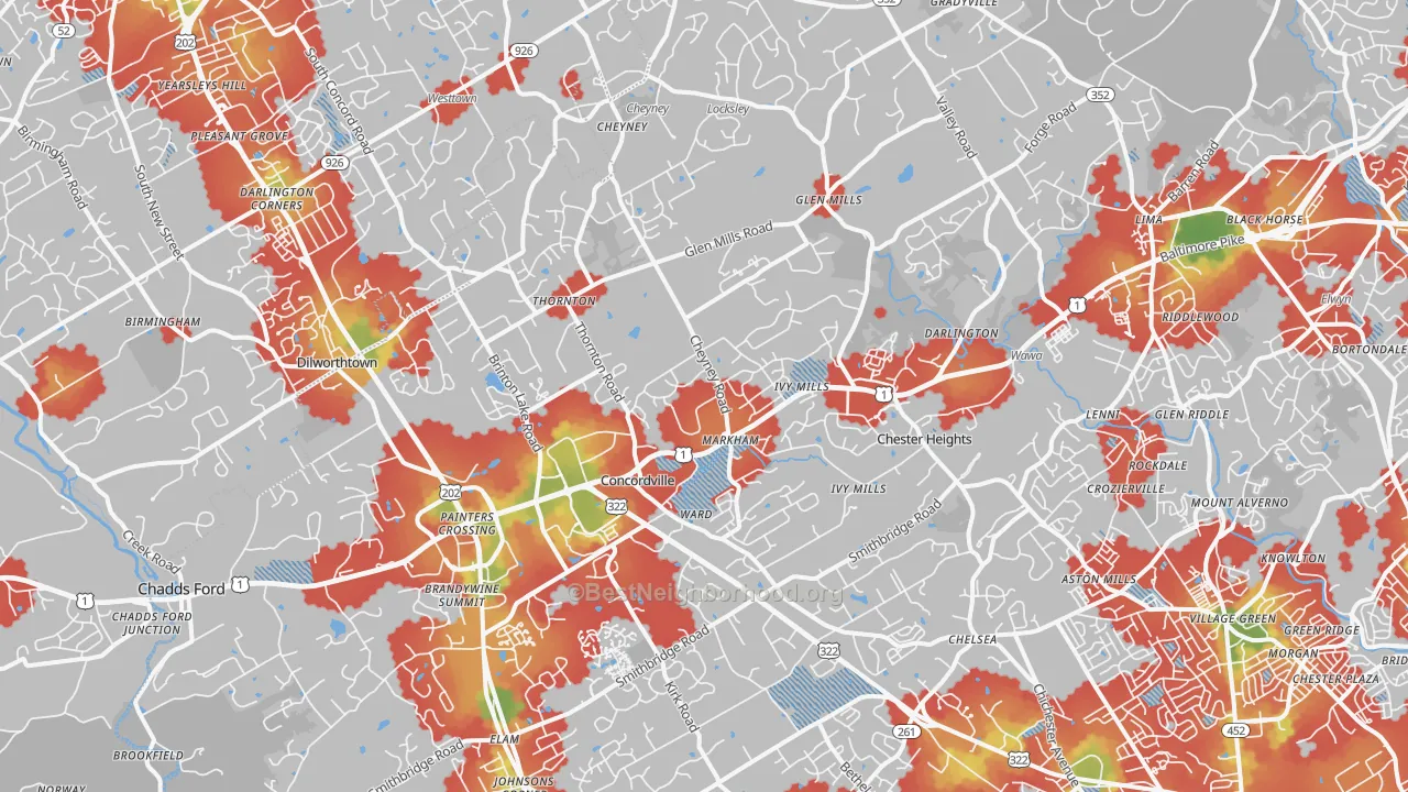 Walk Grade map of Glen Mills, PA, walkable areas in green and car-dependent areas in red
