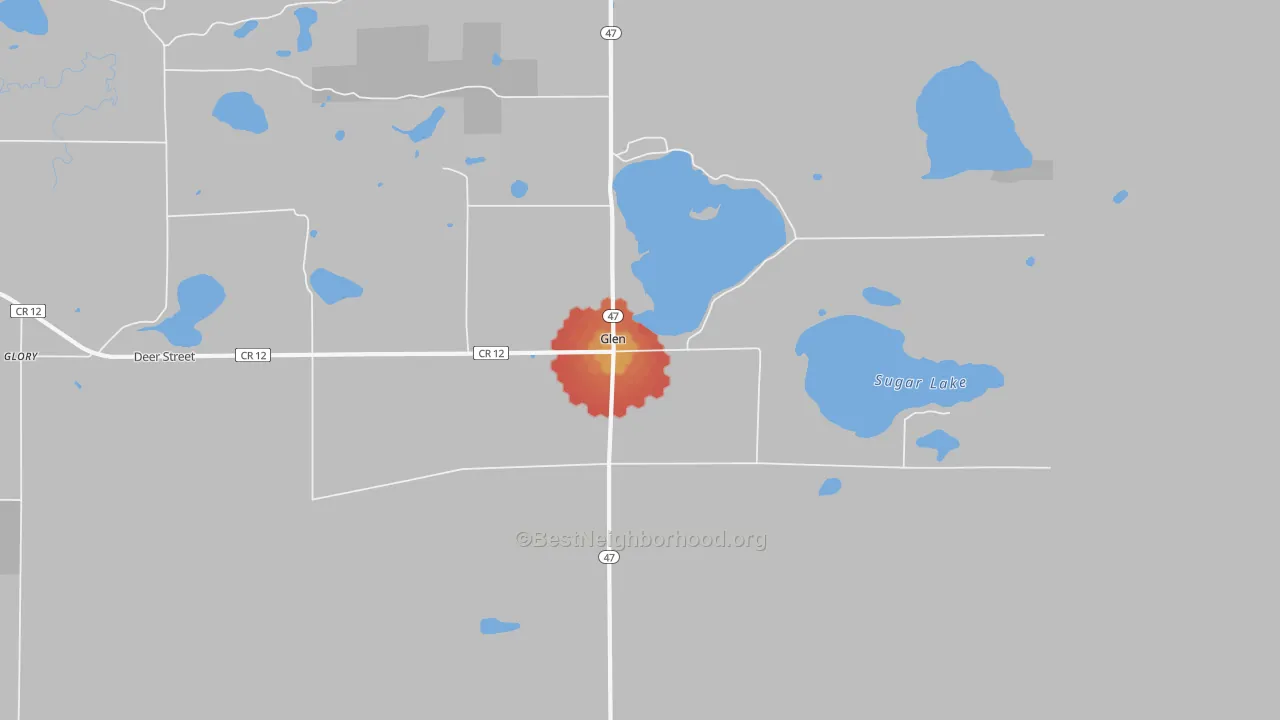 Walk Grade map of Glen, MN, walkable areas in green and car-dependent areas in red