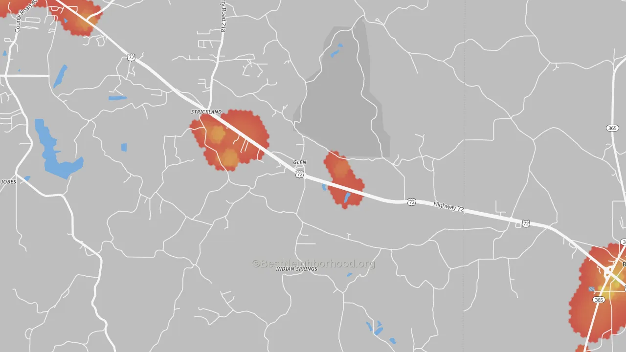 Walk Grade map of Glen, MS, walkable areas in green and car-dependent areas in red