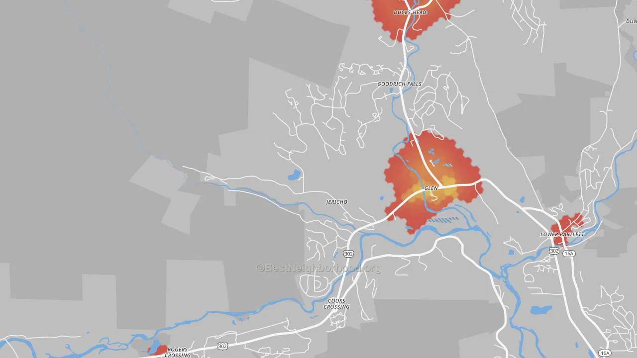 Walk Grade map of Glen, NH, walkable areas in green and car-dependent areas in red