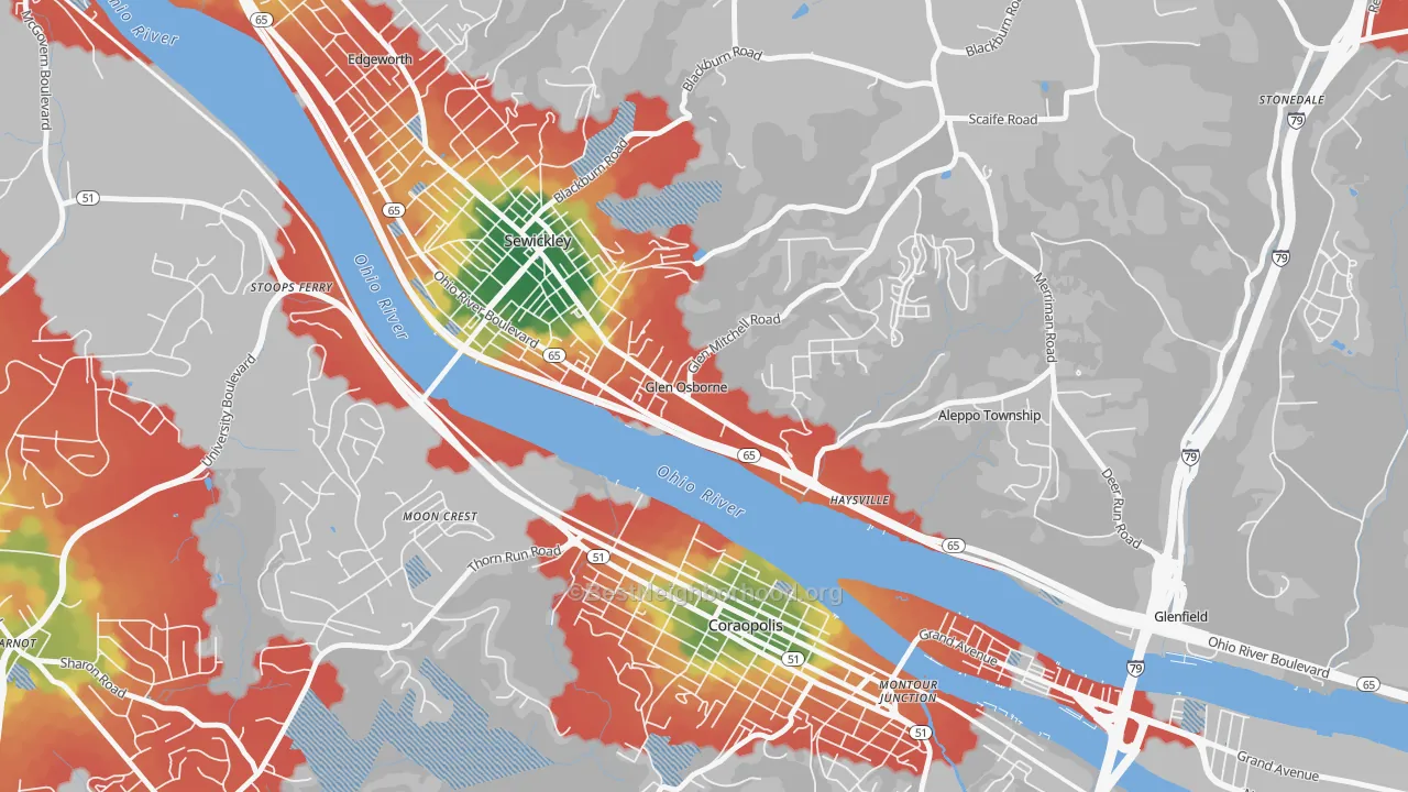 Walk Grade map of Glen Osborne, PA, walkable areas in green and car-dependent areas in red