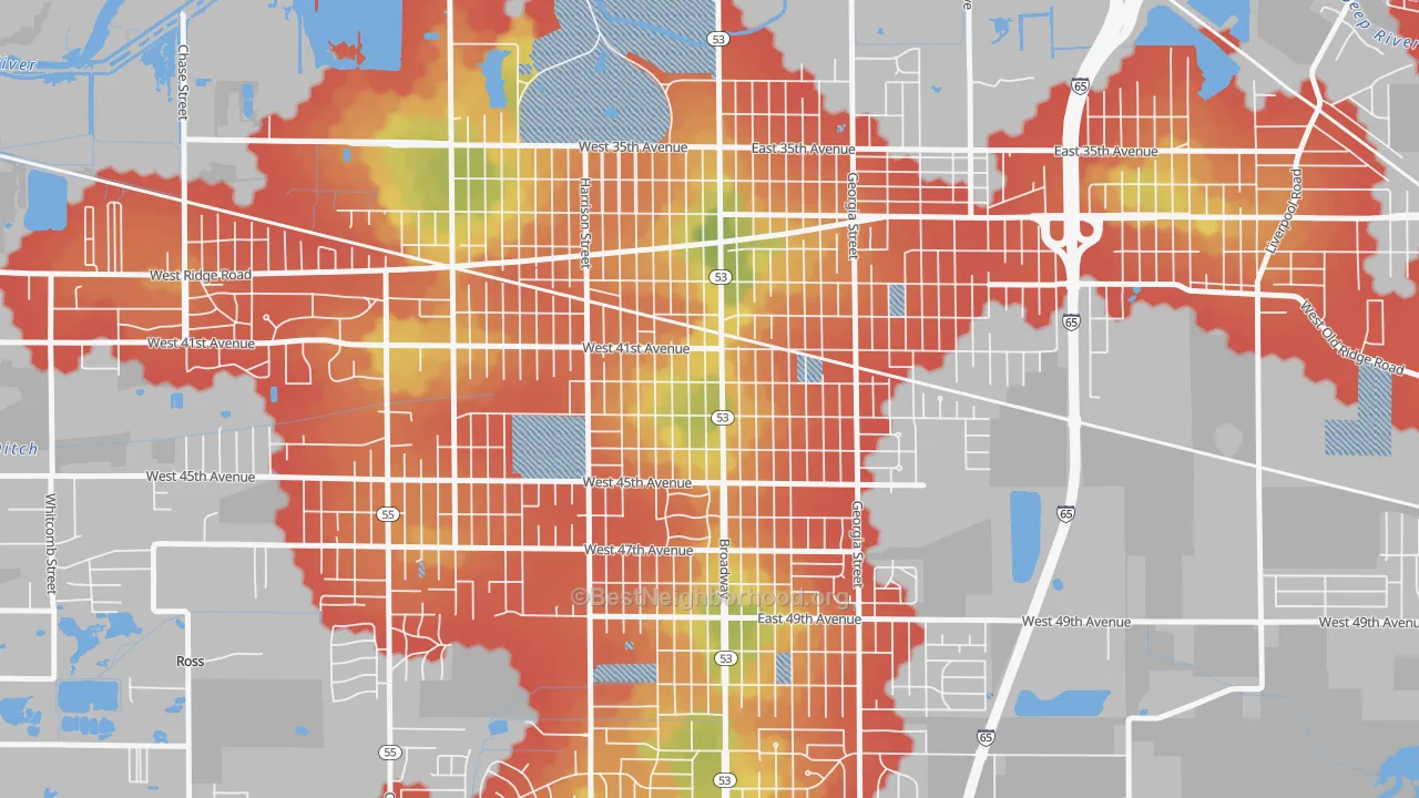 Walk Grade map of Glen Park, Gary, IN, walkable areas in green and car-dependent areas in red