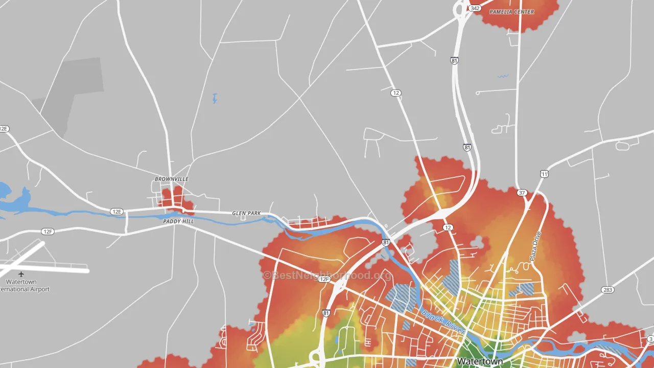 Walk Grade map of Glen Park, NY, walkable areas in green and car-dependent areas in red