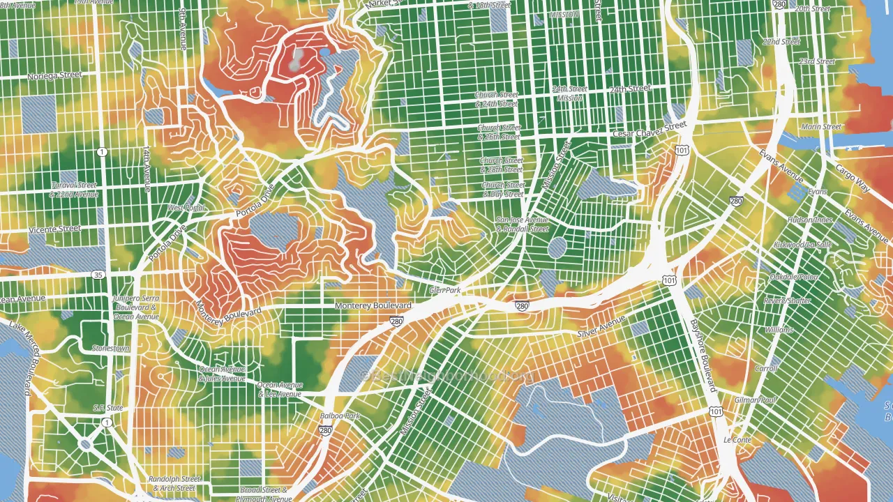 Walk Grade map of Glen Park, San Francisco, CA, walkable areas in green and car-dependent areas in red
