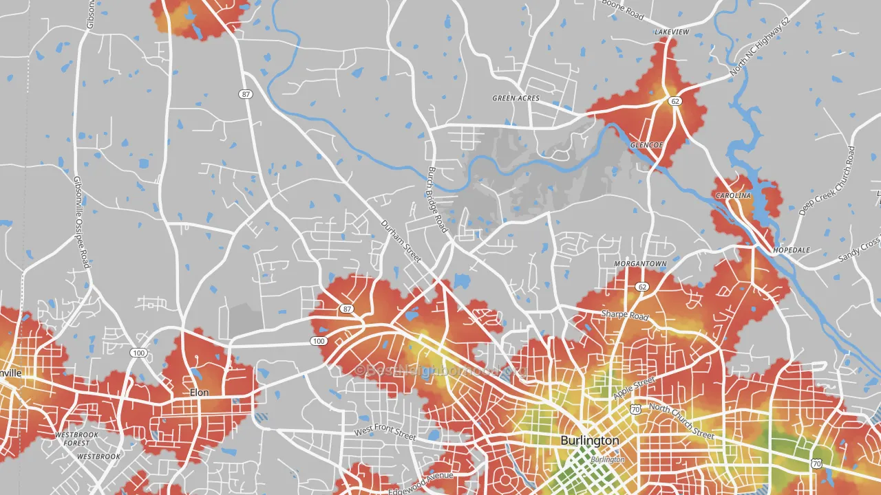 Walk Grade map of Glen Raven, NC, walkable areas in green and car-dependent areas in red