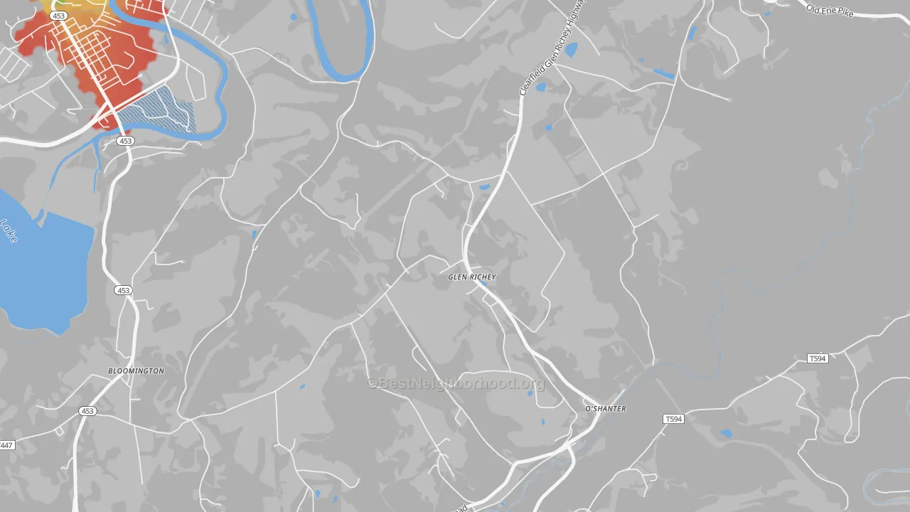 Walk Grade map of Glen Richey, PA, walkable areas in green and car-dependent areas in red