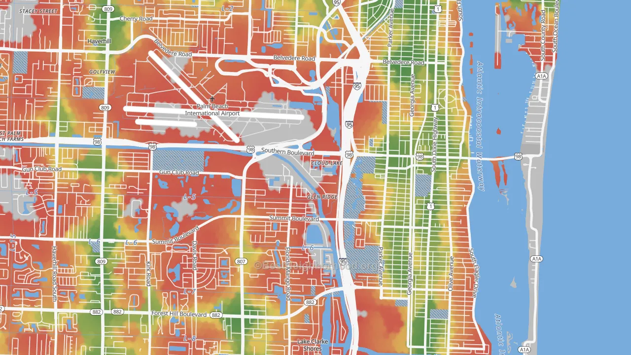 Walk Grade map of Glen Ridge, FL, walkable areas in green and car-dependent areas in red
