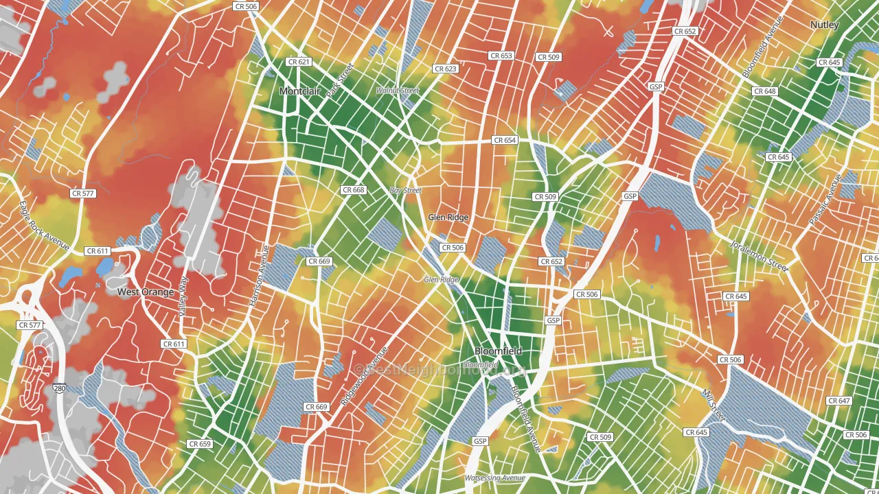 Walk Grade map of Glen Ridge, NJ, walkable areas in green and car-dependent areas in red