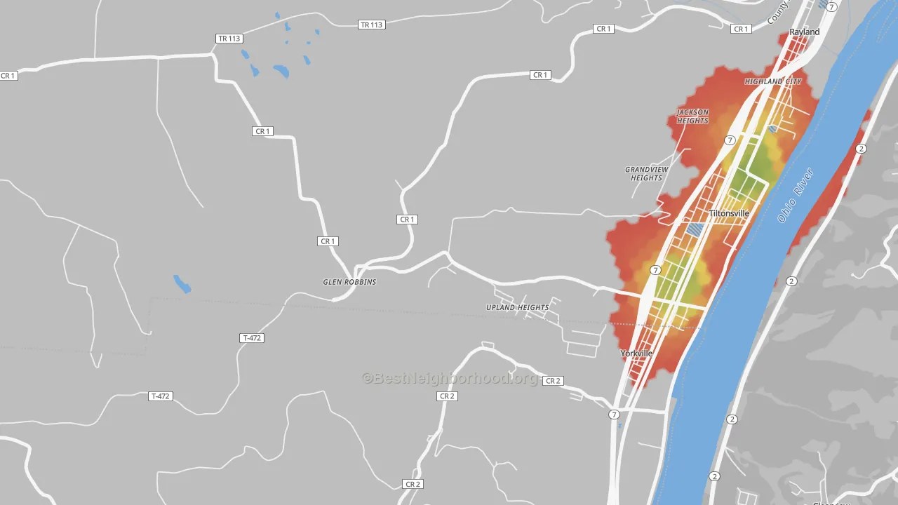 Walk Grade map of Glen Robbins, OH, walkable areas in green and car-dependent areas in red