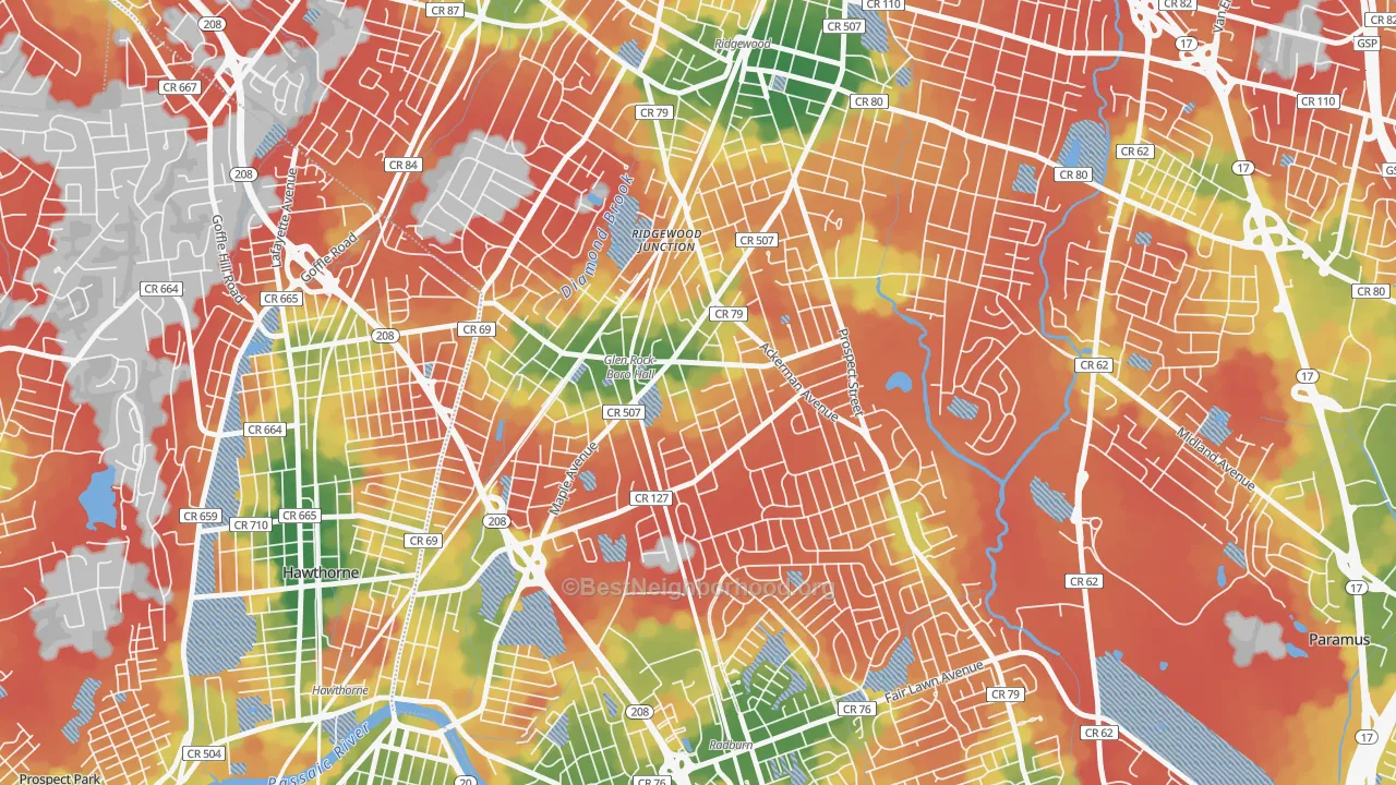 Walk Grade map of Glen Rock, NJ, walkable areas in green and car-dependent areas in red