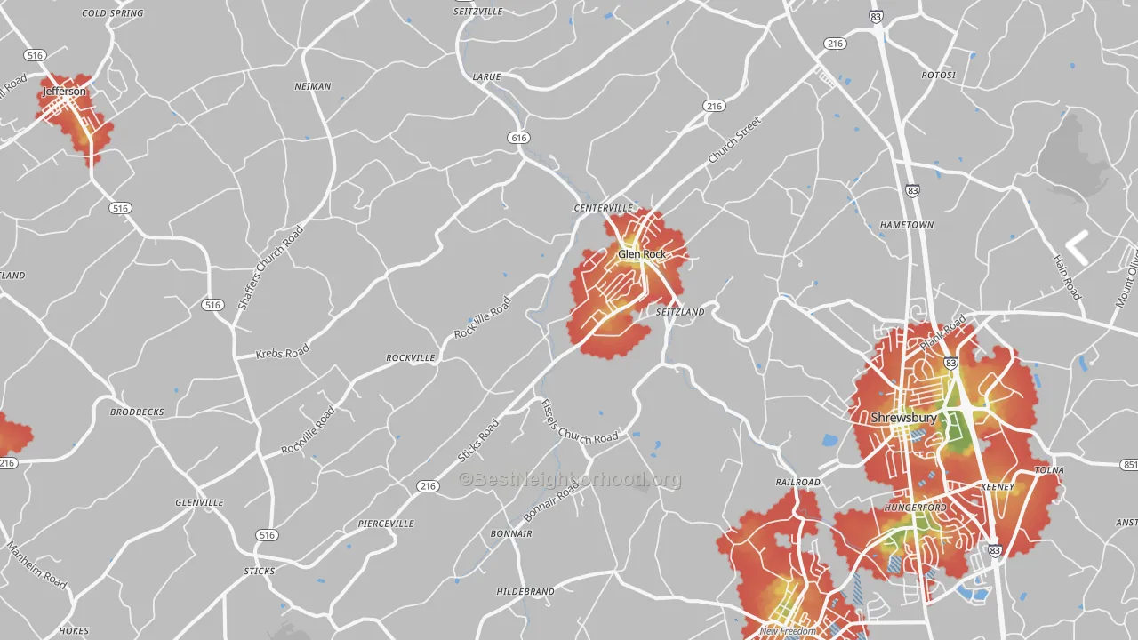 Walk Grade map of Glen Rock, PA, walkable areas in green and car-dependent areas in red